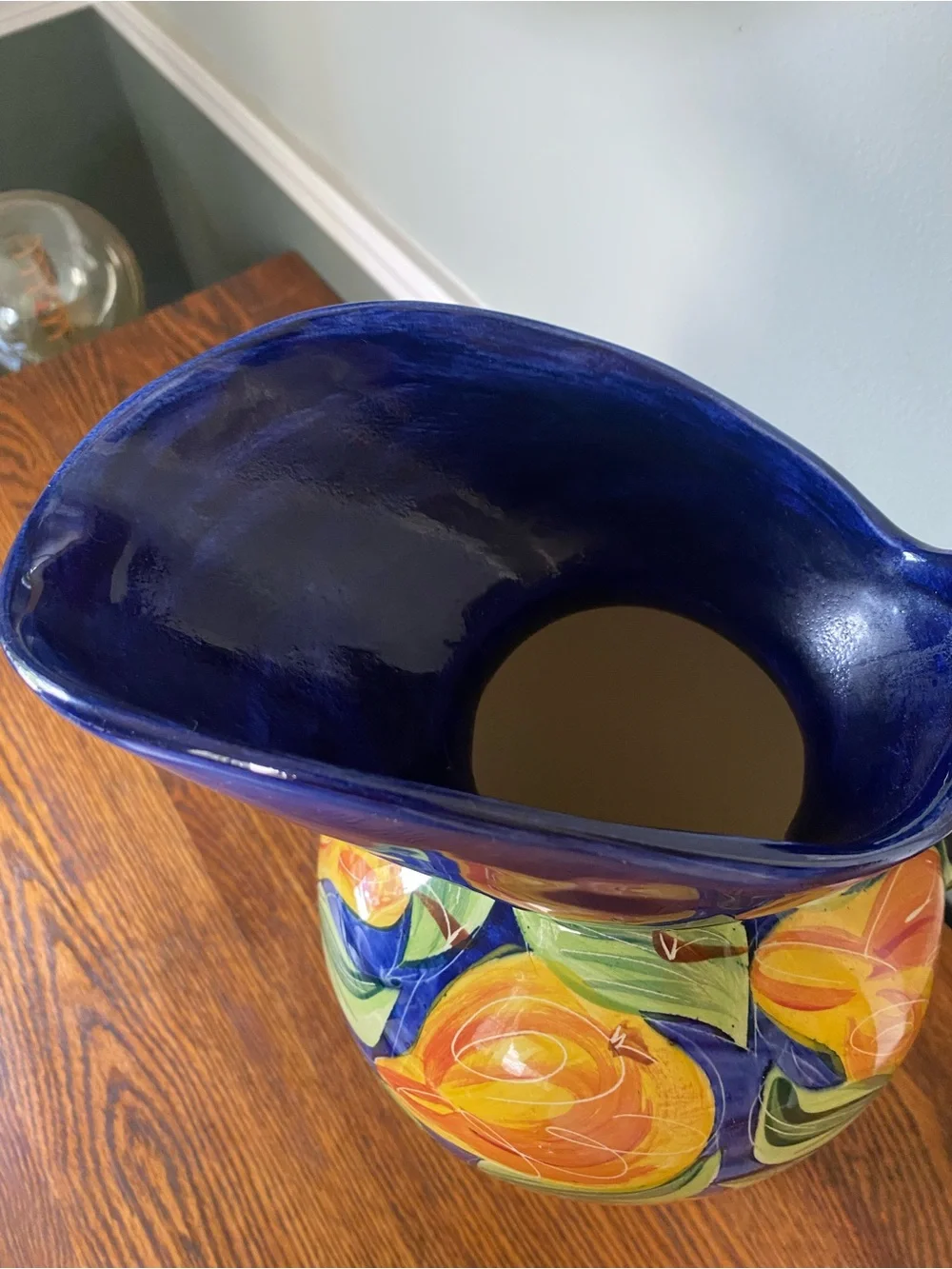 Vintage 90s Large Hand Painted Ceramic Vase / Jug Fruit Motif Blue Orange
